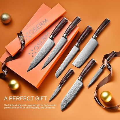 Gift-Ready Knife Set, Japanese Style 8-Piece (7+1) Kitchen Knife Set for Weddings & Premium Gifting, Orange Beautiful Gift Box, High Carbon Steel Knives Sets Includes An Additional 8" Chef Knife