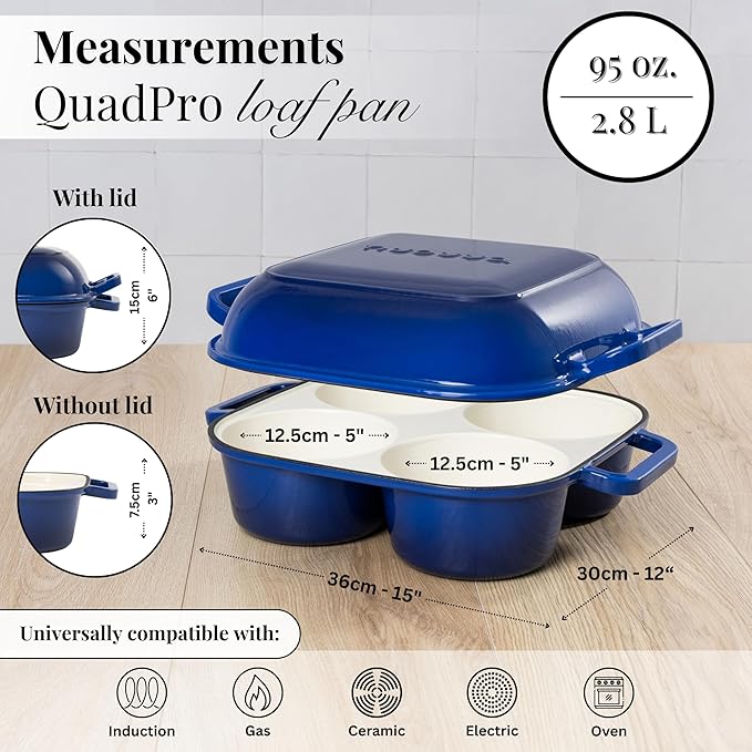 QuadPro Enamelled Cast Iron Bread Loaf Pot – Dutch Oven for Sourdough Bread Baking – 500°F Oven Safe Non Stick Bread Pot – 4 Round Loaf Spaces (4.90-inch Diameter), Dark Blue – by Nuovva