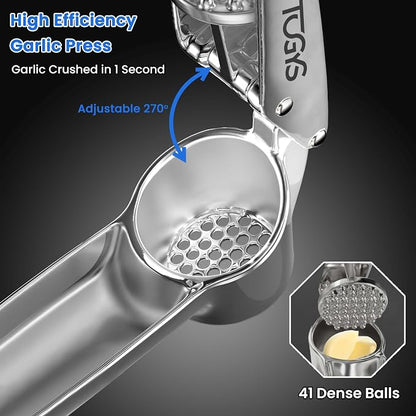 Heavy Duty Stainless Steel Garlic Press - Professional Grade Garlic Mincer & Crusher with Ergonomic Soft Grip Handle, Dishwasher Safe, Rust-Proof - Easy to Clean Kitchen Gadget for Cooking