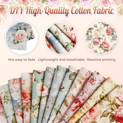 Tatuo 30 Pieces 10 x 10 Inches Rose Floral Cotton Fabric Bundle Squares Patchwork Floral Fabric Sewing Quilting Bundles Assorted Pattern Cloth for DIY Scrapbook Craft Making