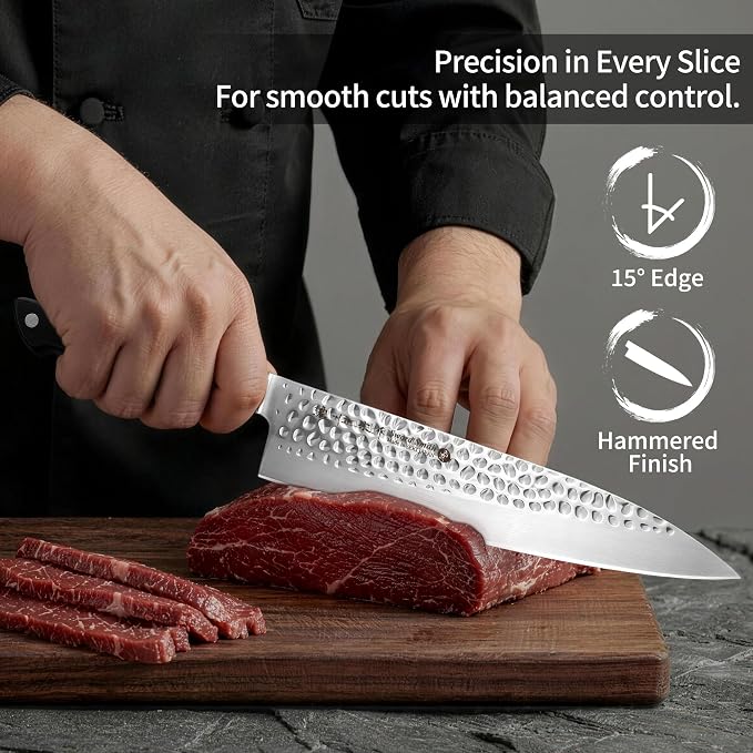 8 Inch Japanese Chef Knife, Made in Japan, Full Tang High Carbon Molybdenum Stainless Steel Gyuto Knife with Hammered Finish for Rock Chopping Meat, Fish and Vegetables