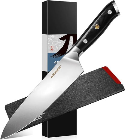 ANSHEE 8 Inch Gyuto Chef Knife - High Carbon Stainless Steel Ultra Sharp Blade,G10 handle Dishwasher Safe, Professional Kitchen Knife for Meat,Vegetables with Sheath Gift Box(Home Cooks & Restaurants)