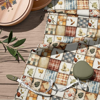 Patchwork Cotton Fabric Panel 61 x 36.6 Inches, Autumn Leaves Quilt Style Pattern, Rustic Brown Beige Blue Design, 100% Cotton 140 GSM