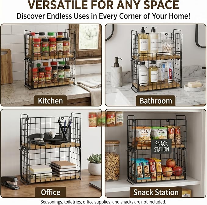TIEYIPIN 2-Tier Spice Rack Organizer for Countertop, Stackable Metal Wire Kitchen Organization and Storage, Wall Mounted Seasoning Rack with Wooden Base for Cabinet, Pantry, Farmhouse Black