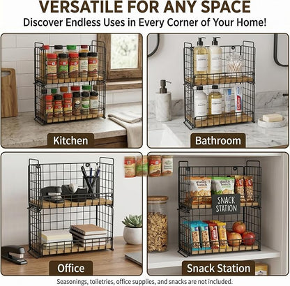 TIEYIPIN 2-Tier Spice Rack Organizer for Countertop, Stackable Metal Wire Kitchen Organization and Storage, Wall Mounted Seasoning Rack with Wooden Base for Cabinet, Pantry, Farmhouse Black