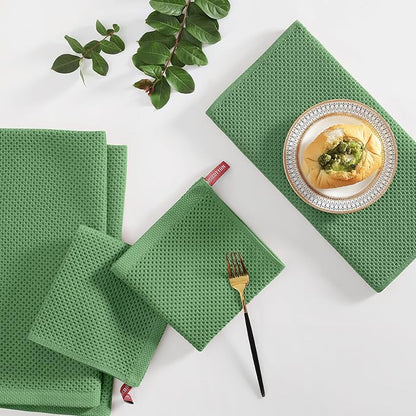 Homaxy 100% Cotton Kitchen Towels and Dishcloths Set, 12 x 12 Inches and 13 x 28 Inches, Set of 16 Bulk Kitchen Towels Set, Ultra Soft Absorbent Dish Cloths for Washing Dishes, Grass Green