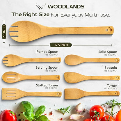 WOODLANDS USA Wooden Spoons for Cooking set of 6 – Premium Wooden Utensil set for everyday use – Versatile Cooking utensils set safe for nonstick pans – Durable wooden spoon kitchen utensils set