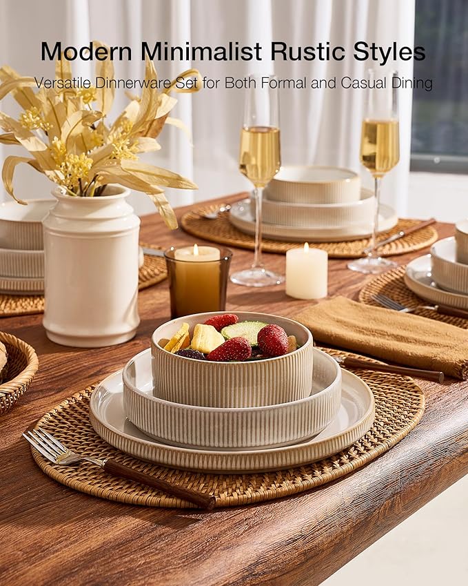 Famiware Star 12-Piece Stoneware Dinnerware Set for 4 - Dinner Plates, Pasta Bowls, Cereal Bowls, Dishes for Everyday & Formal Use, Chip/Scratch Resistant, Microwave/Dishwasher Safe, Cappuccino White