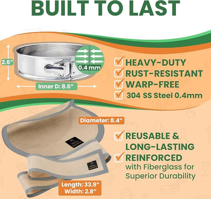 STAINLESS STEEL Springform Pan 9 Inch, with 2 REUSABLE NON-STICK Liners - No Parchment Paper Needed, Dishwasher Safe NON-TOXIC Springform Pan for Cheesecake; Quiches, Tarts, Frozen Desserts, etc.