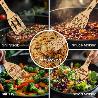 CUTHOLLOW 6PCS Farm Animal Wooden Kitchen Cooking Utensil Set, 11.9in Non Toxic Bamboo Wood Spoon Set for Cooking, Best Housewarming Birthday Thanksgiving Christmas Gift for Women Mother