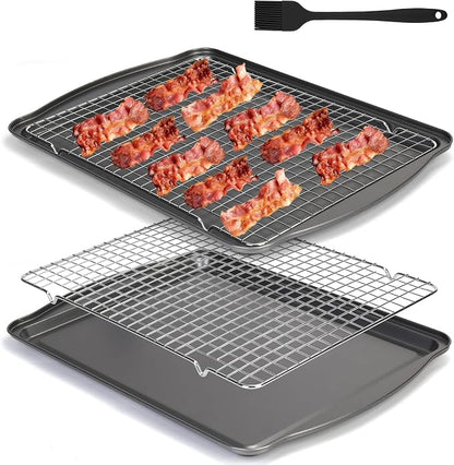 17” x 12” Nonstick Carbon Steel Baking Sheet Pan with Cooling Rack, Cooking Sheet Pan Cookie Sheets for Baking, Kitchen Cookware Baking Pans Set Oven Tray with Wire Racks (2 Pans + 2 Raised Racks)