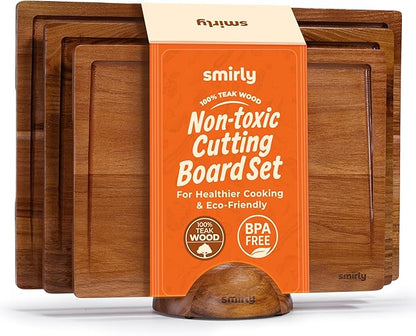 SMIRLY Teak Wood Cutting Board for Kitchen - Wood Cutting Boards for Meal Prep, Serving, Charcuterie - Kitchen Gadgets, House Warming Gifts - Wooden Chopping Board Set of 3 with Holder