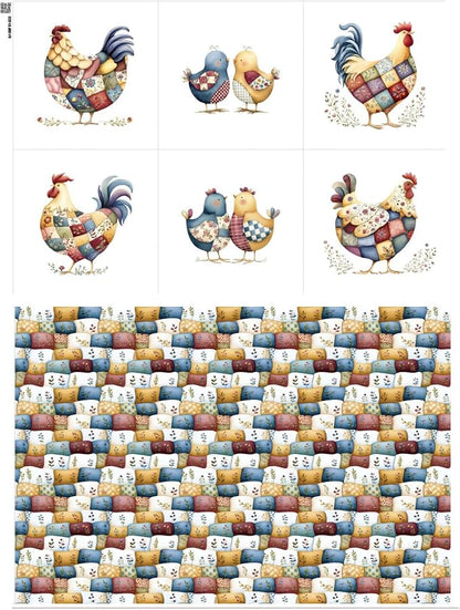 Farmhouse Chicken Patchwork Cotton Fabric Panel – 6 Designs (10×10 inch Each) + Bonus Patchwork Sheet 29.5×19.6 inch, 100% Cotton 140 GSM