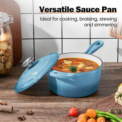 Homikit Small Cast Iron Pot, 2 QT Enameled Cast Iron Sauce Pan with Lid, Heavy Duty Enamel Dutch Oven Kitchen Cookware for Making Pasta, Boiling Soup, Warming Milk, Nonstick & Oven Safe, Sky Blue