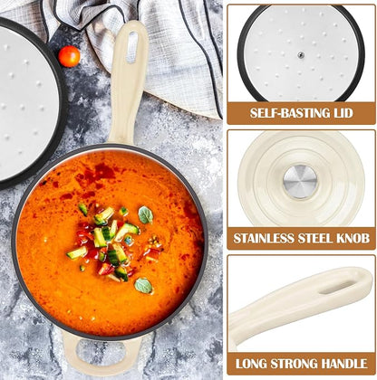 E-far Enameled Cast Iron Sauce Pan, 2 Quart Dutch Oven Saucepan with Lid, Small Sauce Pot for Cooking, Boiling, Healthy & Non Toxic, Induction & Oven Safe, Cream