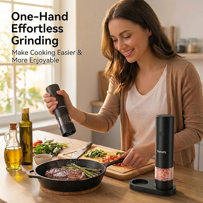 Electric Salt and Pepper Grinder Set-Rechargeable Salt and Pepper Mill Set All in One, Automatic Refillable Adjustable Coarseness Ceramic Grinder, Salt and Pepper Shakers for Kitchen Gadgets