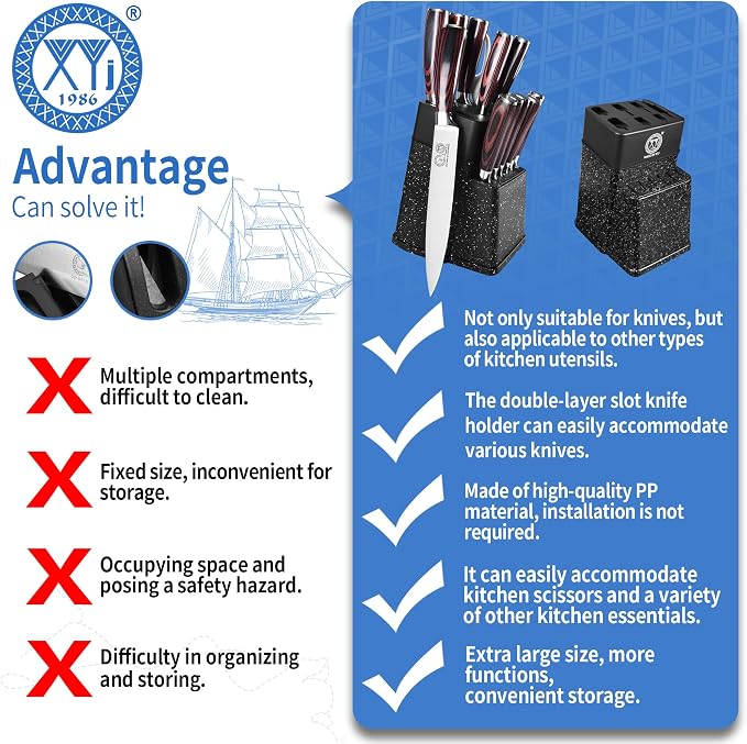 XYJ Authentic Since 1986, Knife Block Set, Kitchen Knives Set With Holder, Scissors, Professional Japanese Chef Knife Set, Paring Bread Carving Slicing Knife, Steak Knives