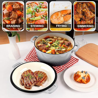 P&P CHEF 5Qt Dutch Oven Pot for Bread Baking (Gray), 2 In 1 Round Cast Iron Dutch Oven with Lid Set, Skillet & Pot for Roasting Braising Stewing Frying Simmering, Multi Stoves & Oven Safe