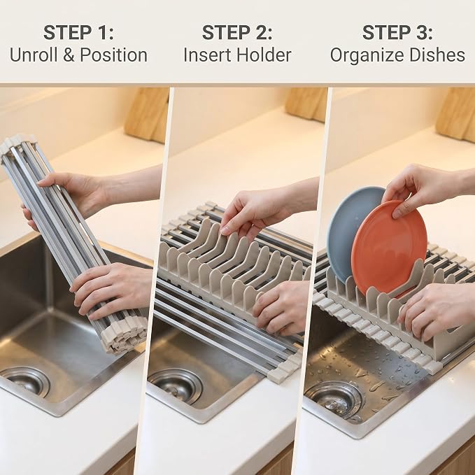 Small Aluminum Roll Up Dish Drying Rack (9" x 13") - Fits Sink Openings up to 8.5", for Narrow Sink Only, Square Bar, Rust-Proof, with Dish Holder (Beige)