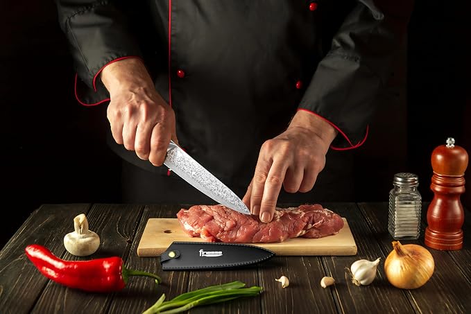 8" Professional Chef Knife, 67-Layer Damascus Steel Kitchen Knife with Ergonomic Handle, Premium Knife for Home & Professional Cooking + Leather Sheath & Gift Box