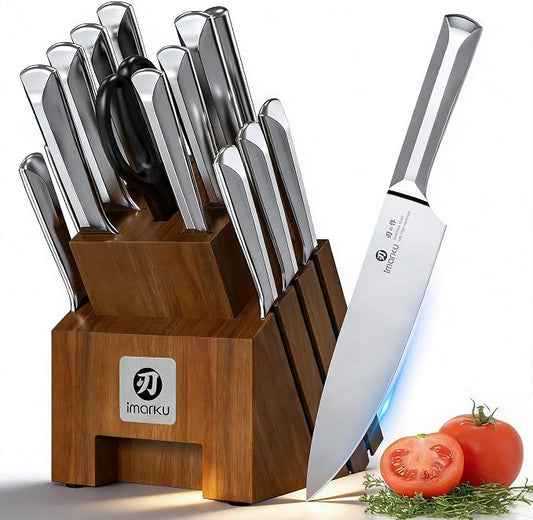 imarku Knife Set, Kitchen Knife Set with Block & Sharpener, 16PCS Japanese High Carbon Stainless Steel Ultra Sharp Knife Block Set, Ergonomic Non-Slip Handle, Dishwasher Safe, Perfect Gifts