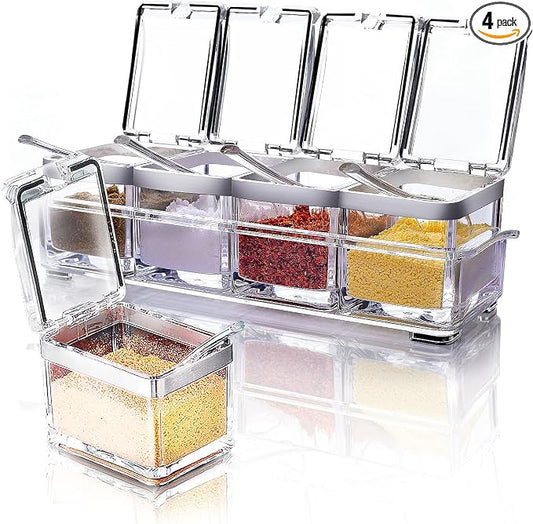 Acrylic Seasoning Box Set, 4 Piece Clear Premium Quality Storage Rack Spice Pots Condiment Jars for Salt Sugar Cruet Kitchen Organization Containers with Cover and Spoon