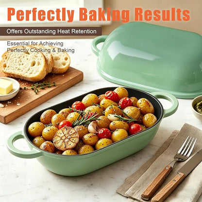 Enameled Cast Iron Sourdough Bread Oven, 2.5 QT Loaf Cast Iron Bread Pan with Lid, Oval Dutch Oven for Homemade Bread Baking, Meatloaf Pan with Lid (Fig Green)