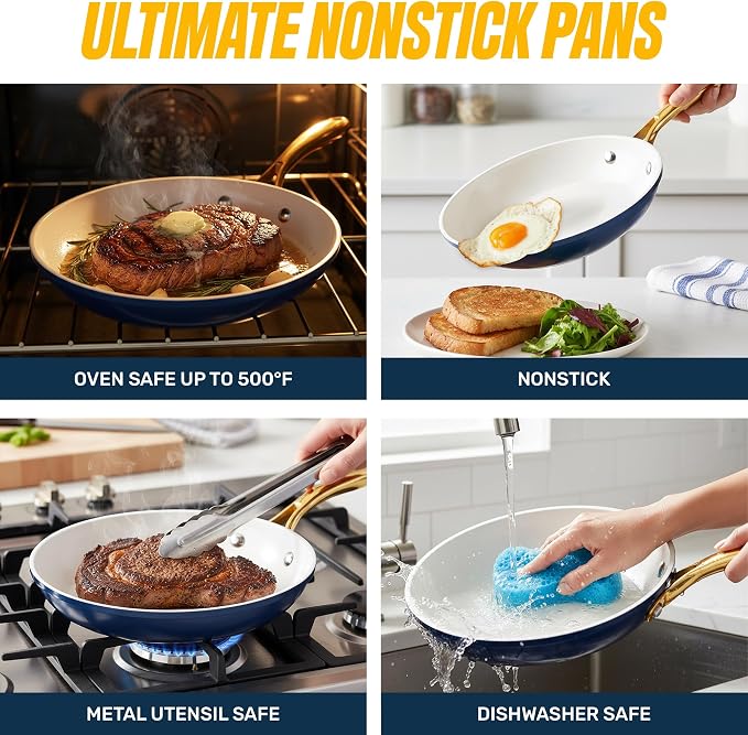 15 Pc Pots and Pans Set Non Stick - Gotham Steel Ceramic Cookware Set, Diamond Reinforced Nonstick, PFOA & PFAS Free, Non Toxic Kitchen Cookware, Oven Safe to 500°F, Dishwasher Safe - Navy