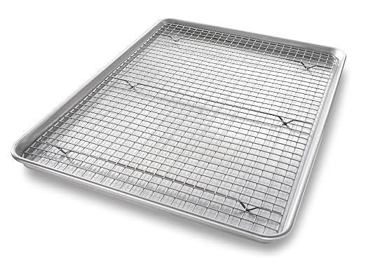 USA Pan 1607CR Bakeware Extra Large Sheet Baking Pan and Bakeable Nonstick Cooling Rack Set, XL, Metal & Bakeware Muffin Pan, 12-Well, Aluminized Steel
