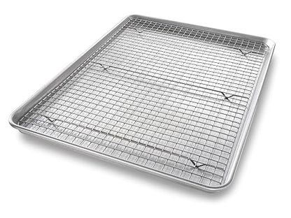 USA Pan 1607CR Bakeware Extra Large Sheet Baking Pan and Bakeable Nonstick Cooling Rack Set, XL, Metal & Bakeware Muffin Pan, 12-Well, Aluminized Steel