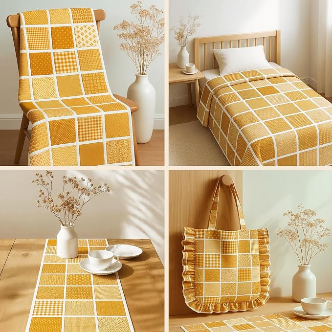 Cotton Satin Patchwork Fabric Panel – 35 Designs, 20×20 cm Squares, Single Piece 150×110 cm, Yellow Patchwork Quilt Fabric (Golden Harvest Patchwork Set, 35pcs 8x8 inch)