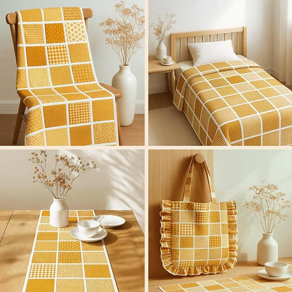 Cotton Satin Patchwork Fabric Panel – 35 Designs, 20×20 cm Squares, Single Piece 150×110 cm, Yellow Patchwork Quilt Fabric (Golden Harvest Patchwork Set, 35pcs 8x8 inch)