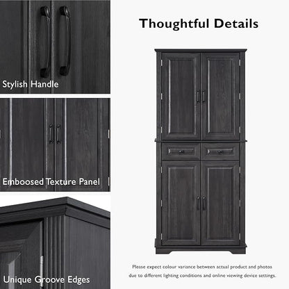 VilroCaz Wooden 71" H Kitchen Pantry with 3 Pull Out Cabinet Organizers, Freestanding Cupboard Storage Cabinet with 4 Doors and 2 Drawers, Farmhouse Embossed Texture Design (Black-5.K)