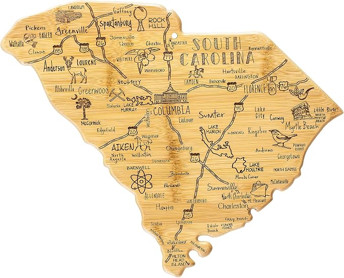 Totally Bamboo Destination South Carolina Shaped Cutting Board – Bamboo Charcuterie and Serving Board with Hang Tie for Wall Display