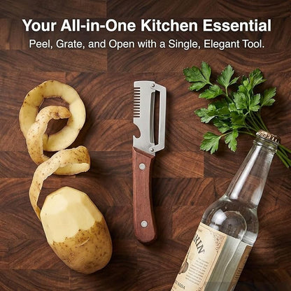 2-Pack MultiFunctional Vegetable Peeler, 3 in 1 Multi Functional Wooden Handle Peeler and Bottle Opener, Kitchen Gadgets Tool for Fruit Pumpkin Peeling Potato Carrot Veggie Peeler