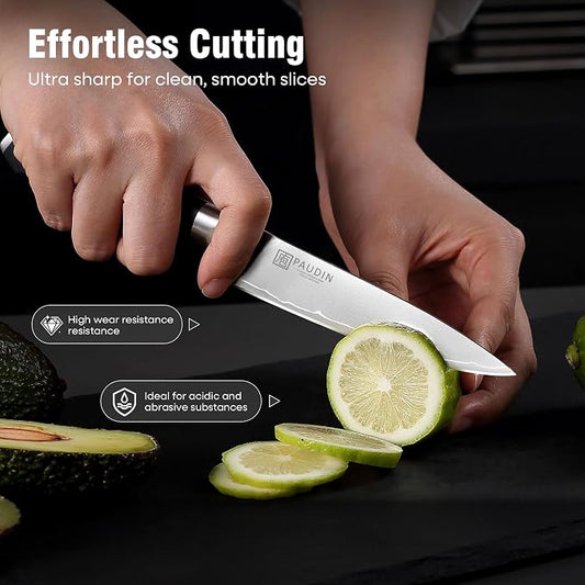 PAUDIN Kitchen Knife Set, Ultra-Sharp Damascus Clad Steel Knives for Meat and Vegetables, Ergonomic Wooden Handle,62 HRC Modern Kitchen Chef Knife Set for Cooking,BBQ,Meal Prep,Gifts for Men and Women