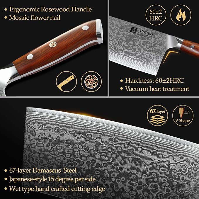 XINZUO 7 Inch Chinese Meat Cleaver Knife-Real 67 Layers Damascus Butcher Knife-Suitable for Meat/Vegetable Cleaver-Ultral Sharp-Natural Rosewood Handle-Yu Series