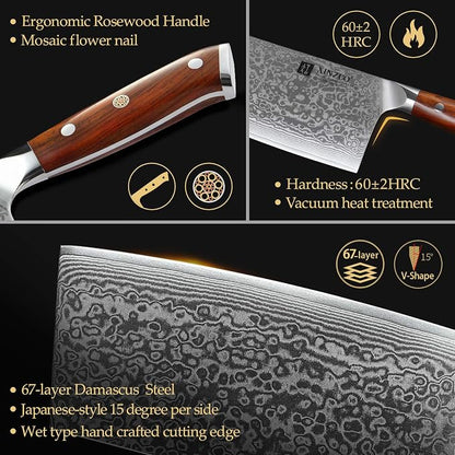 XINZUO 7 Inch Chinese Meat Cleaver Knife-Real 67 Layers Damascus Butcher Knife-Suitable for Meat/Vegetable Cleaver-Ultral Sharp-Natural Rosewood Handle-Yu Series