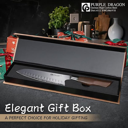 Purple Dragon Santoku Knife 7 Inch Japanese Chef Knife for Chopping Meat Cutting Vegetables, German Vg10 Steel Blade, Ergonomic Wooden Handle Christmas Gift for Men and Women