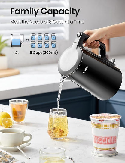 COMFEE' 1.7L Double Wall Electric Tea Kettle and Kettle Water Boiler, 100% Stainless Steel Interior & Lid & Spout, Two-Level Wide Open Lid, 1500W Fast Boiling, Auto-Off and Boil-Dry Protection