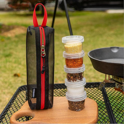 Muloo Camping Spice Kits, Travel Spice Container Bag with 5 Clear Seasoning Bottles Outdoor Spice Jar Kits, Spice Containers, Black