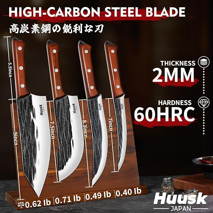 Huusk Butcher Knife Set, 4 PCS Hand Forged BBQ Knife Set for Meat Cutting, Sharp Meat Carving Breaking Knives with Ergonomic Handle, Gifts for Men Women