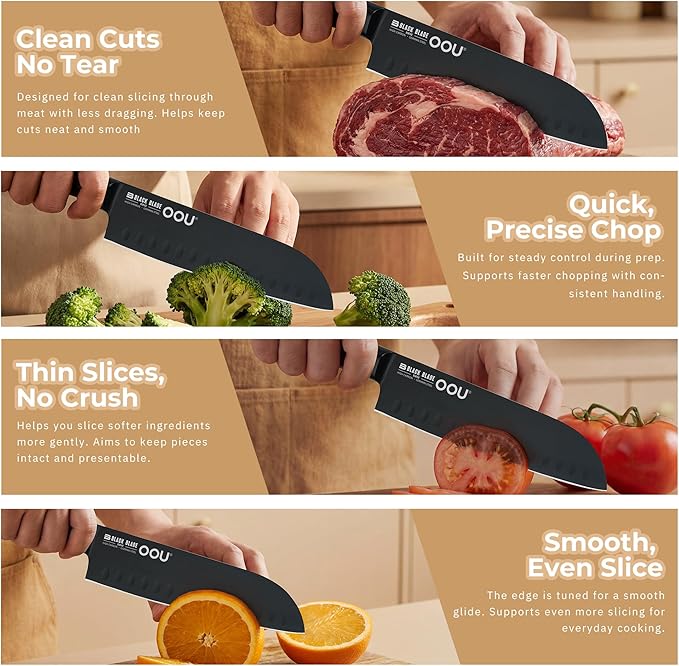 OOU® Black Blade 7 Inch Santoku Knife with AgShield™ & Cerablack™ Technology, Rust-Resistant & Easy-Clean Finish, Japanese Style Hollow Edge for Dicing & Mincing