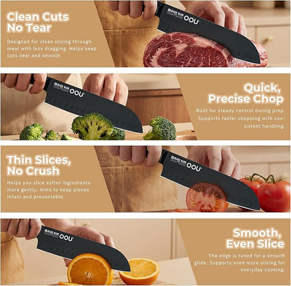 OOU® Black Blade 7 Inch Santoku Knife with AgShield™ & Cerablack™ Technology, Rust-Resistant & Easy-Clean Finish, Japanese Style Hollow Edge for Dicing & Mincing