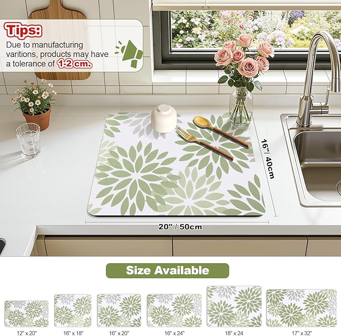 Findosom Floral Dish Drying Mat, 16" x 20" Super Absorbent & Hide Stain Coffee Mat, Cuttable Drying Mat for Kitchen Counter, Under Dish Rack, Coffee Maker, Espresso Machine, Sage Green