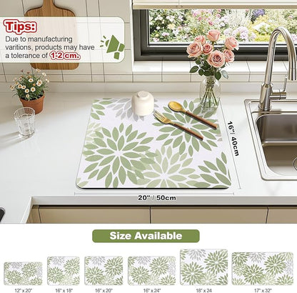 Findosom Floral Dish Drying Mat, 16" x 20" Super Absorbent & Hide Stain Coffee Mat, Cuttable Drying Mat for Kitchen Counter, Under Dish Rack, Coffee Maker, Espresso Machine, Sage Green