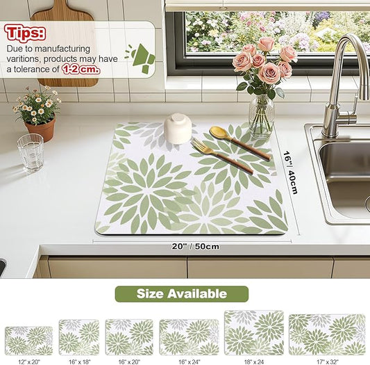 Findosom Floral Dish Drying Mat, 16" x 20" Super Absorbent & Hide Stain Coffee Mat, Cuttable Drying Mat for Kitchen Counter, Under Dish Rack, Coffee Maker, Espresso Machine, Sage Green