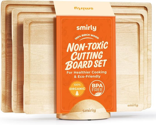 SMIRLY Wooden Cutting Board for Kitchen - Birch Wood Cutting Boards for Meal Prep, Serving, Charcuterie - Kitchen Gadgets, House Warming Gifts - Wood Chopping Board Set of 3 with Holder