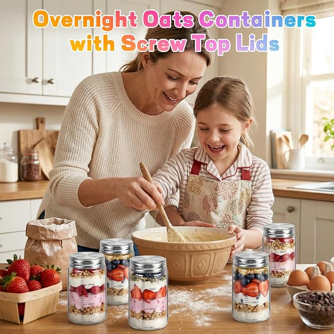 8 oz Small Glass Jars with Airtight Lid 6 pc Round Spice Jars Sugar Coffee Ground Container Storage Canister Bottle Jars for Juice Tea Pantry Yogurt Seasoning Overnight Oatmeal(6×250ml(8.4oz))