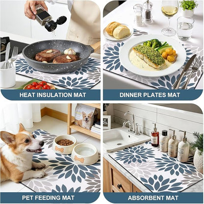 Findosom Floral Dish Drying Mat, 12" x 20" Super Absorbent & Hide Stain Coffee Mat, Cuttable Drying Mat for Kitchen Counter, Under Dish Rack, Coffee Maker, Espresso Machine, Blue